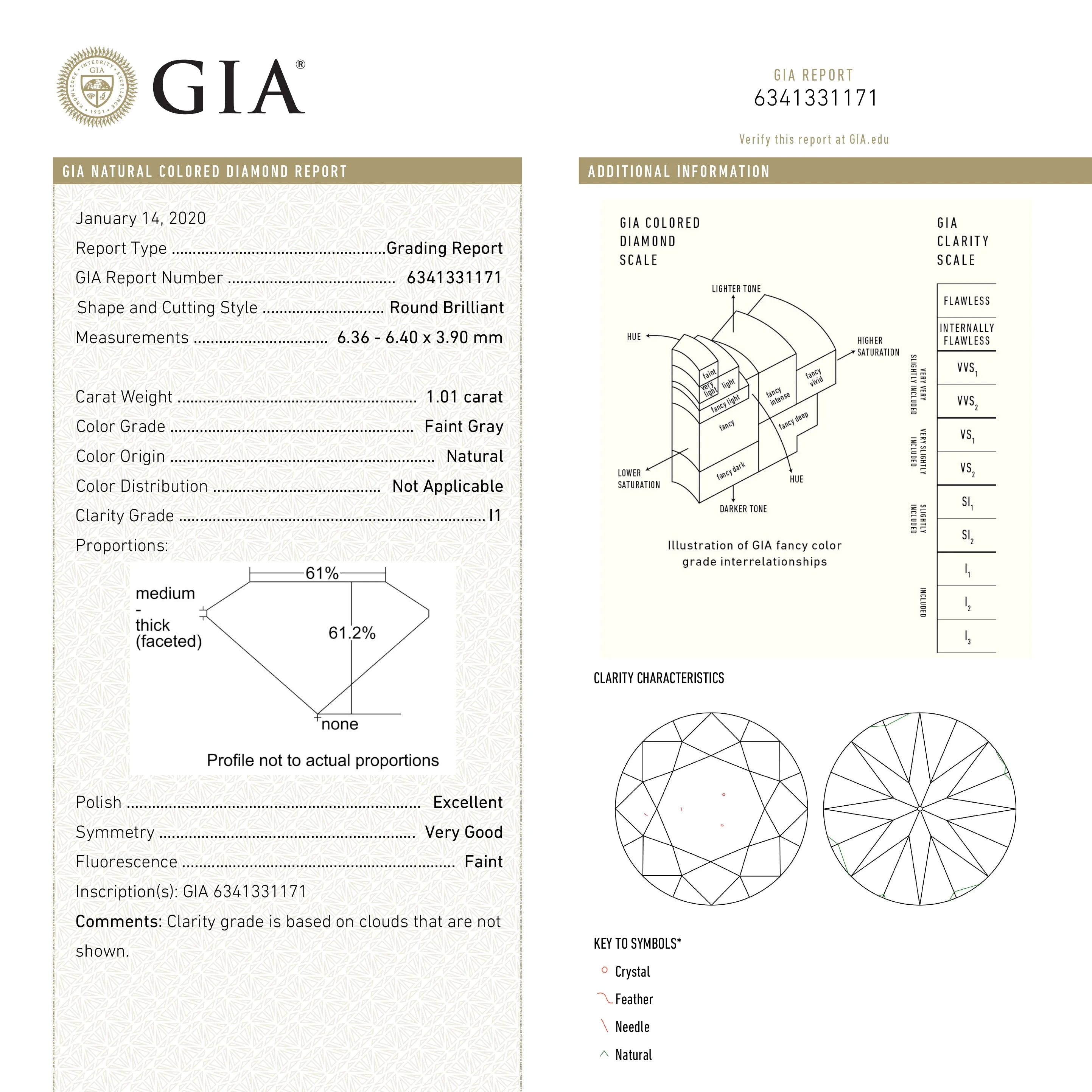 1.01ct 6.40x6.36x3.90mm GIA Faint Grey Round Brilliant 19000-01