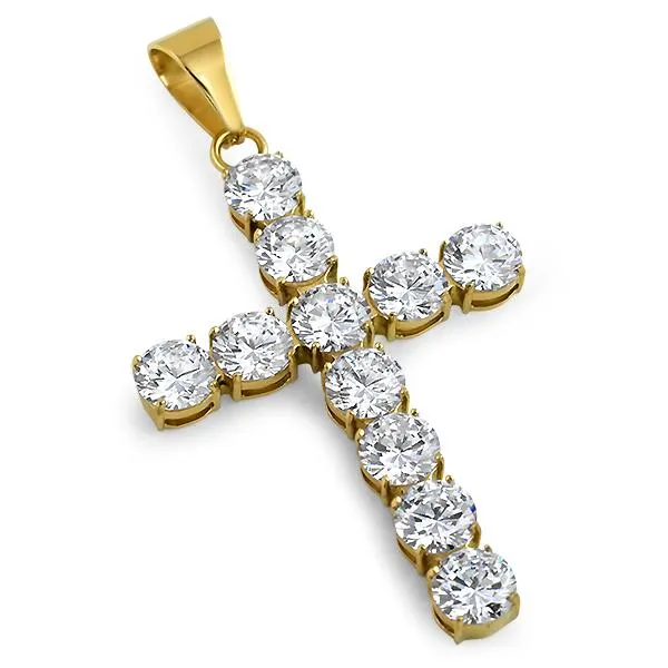 10MM CZ Bling Bling Cross Stainless Steel White or Yellow Gold