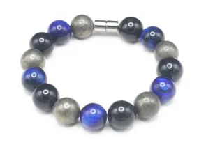 12mm Triple Protection Bracelet - Gemstone Bracelet for Men/Women - Black Tourmaline - Blue Tiger Eye - Pyrite - Strong Magnet C