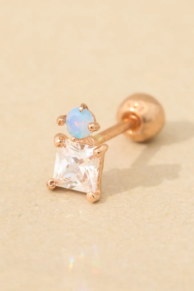 14K Real Gold Blue Opal and Cz Square Tragus Cartilage Forward Helix Conch Earring Piercing