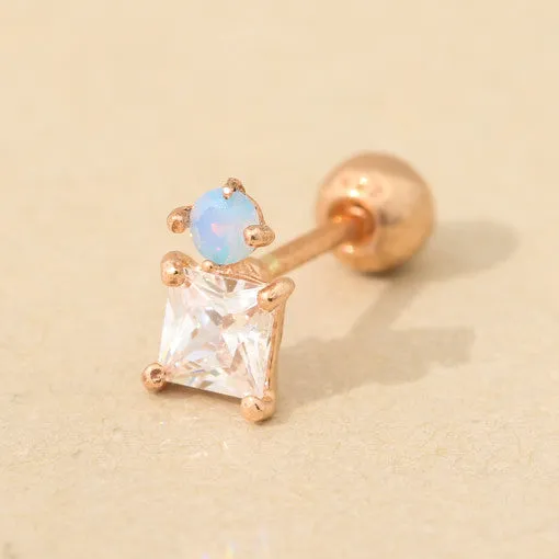 14K Real Gold Blue Opal and Cz Square Tragus Cartilage Forward Helix Conch Earring Piercing