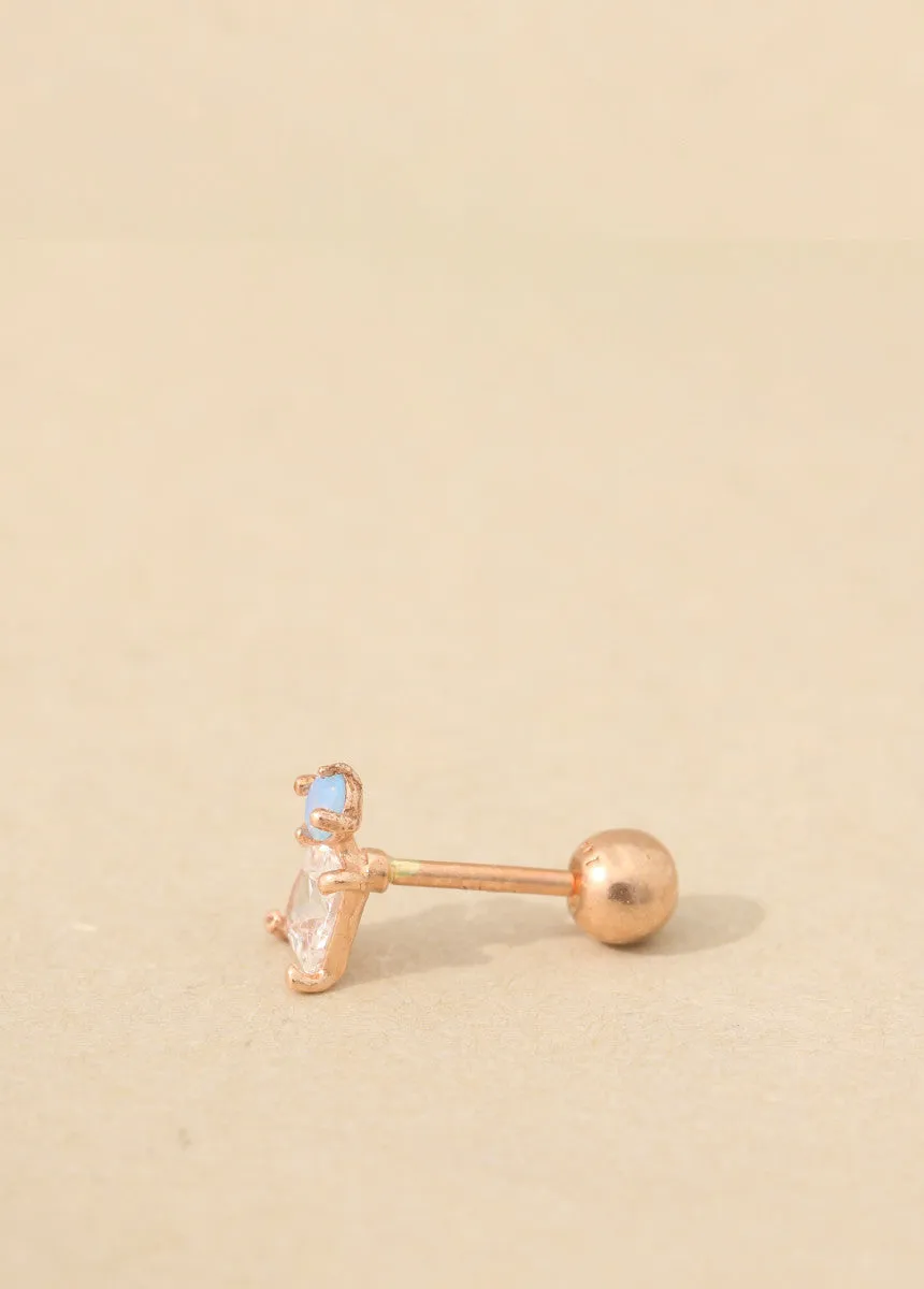 14K Real Gold Blue Opal and Cz Square Tragus Cartilage Forward Helix Conch Earring Piercing