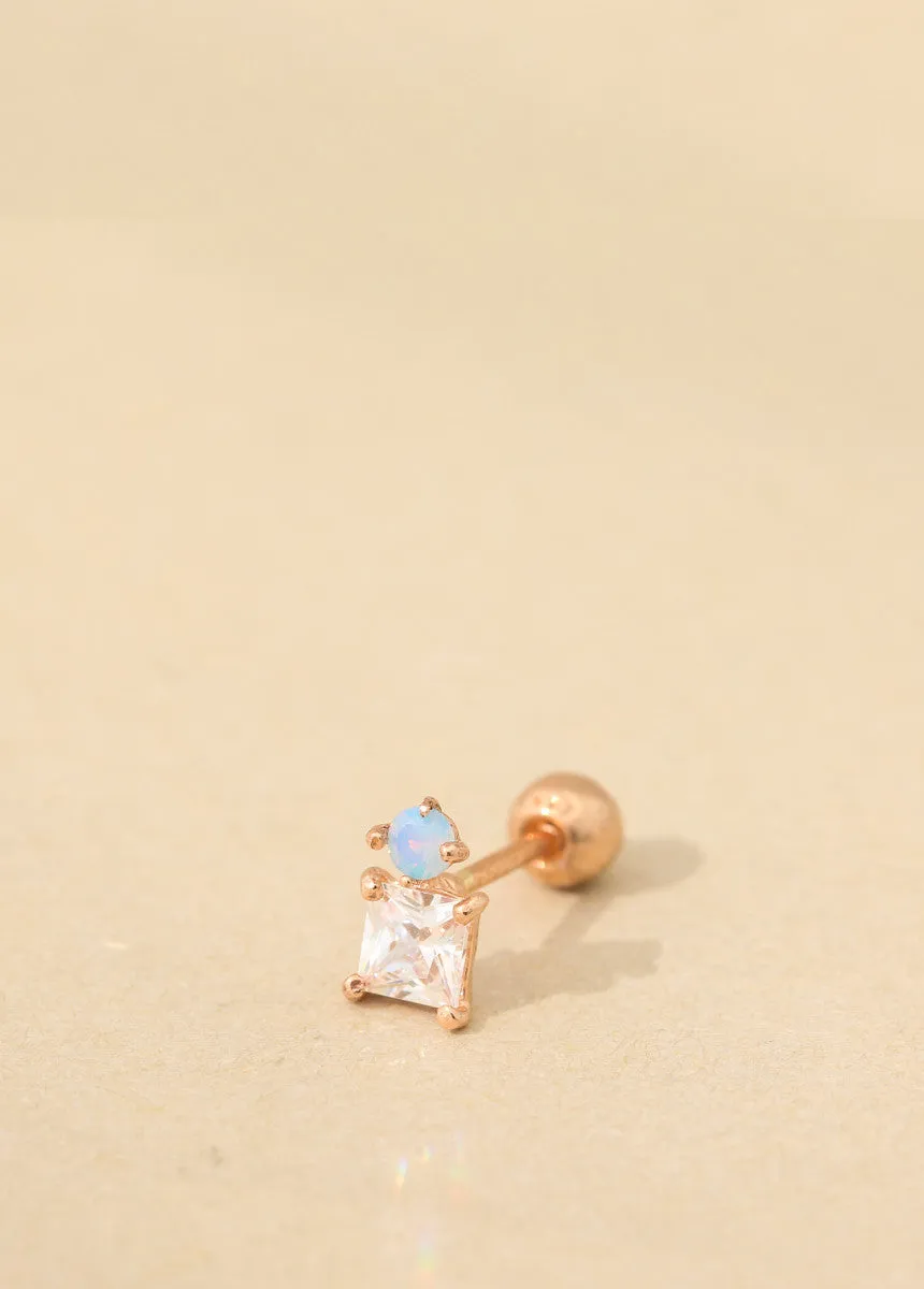 14K Real Gold Blue Opal and Cz Square Tragus Cartilage Forward Helix Conch Earring Piercing