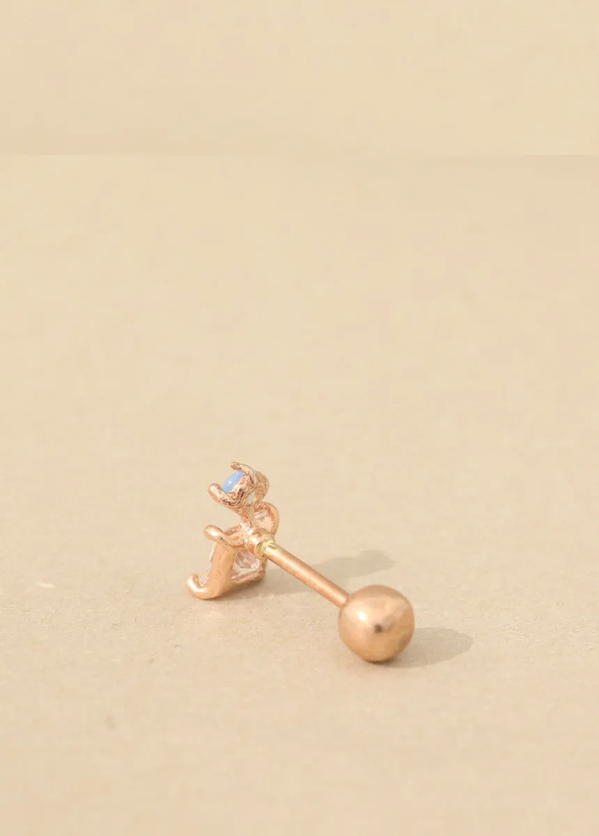 14K Real Gold Blue Opal and Cz Square Tragus Cartilage Forward Helix Conch Earring Piercing