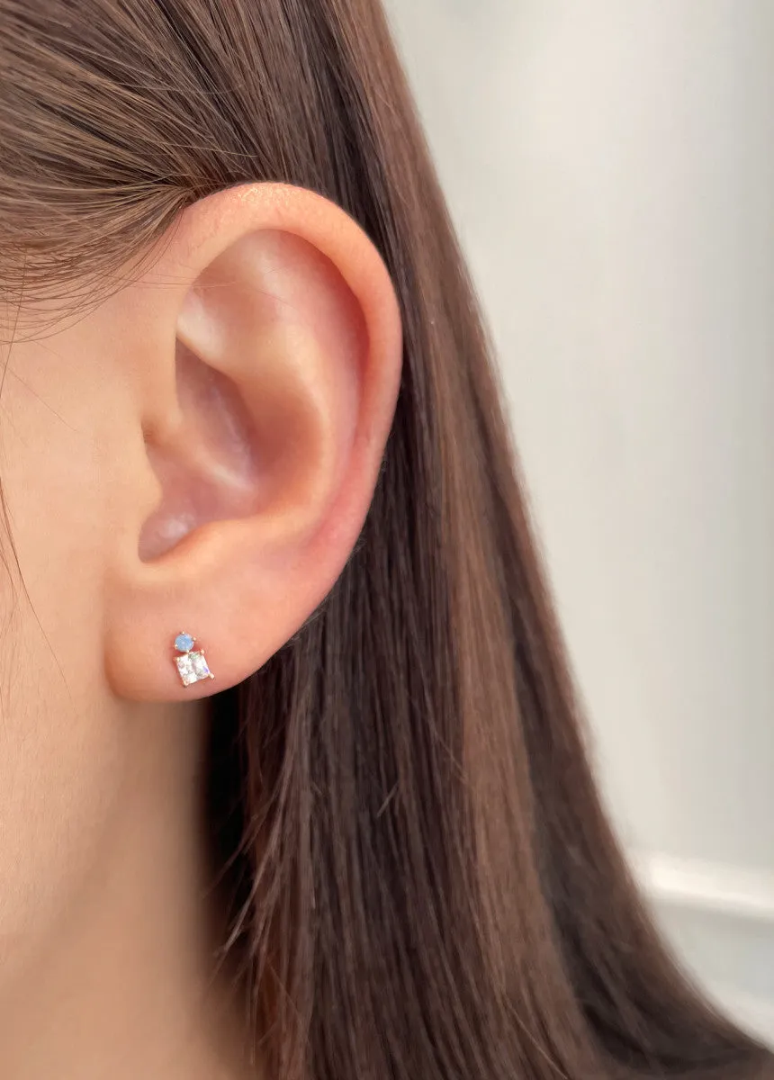 14K Real Gold Blue Opal and Cz Square Tragus Cartilage Forward Helix Conch Earring Piercing