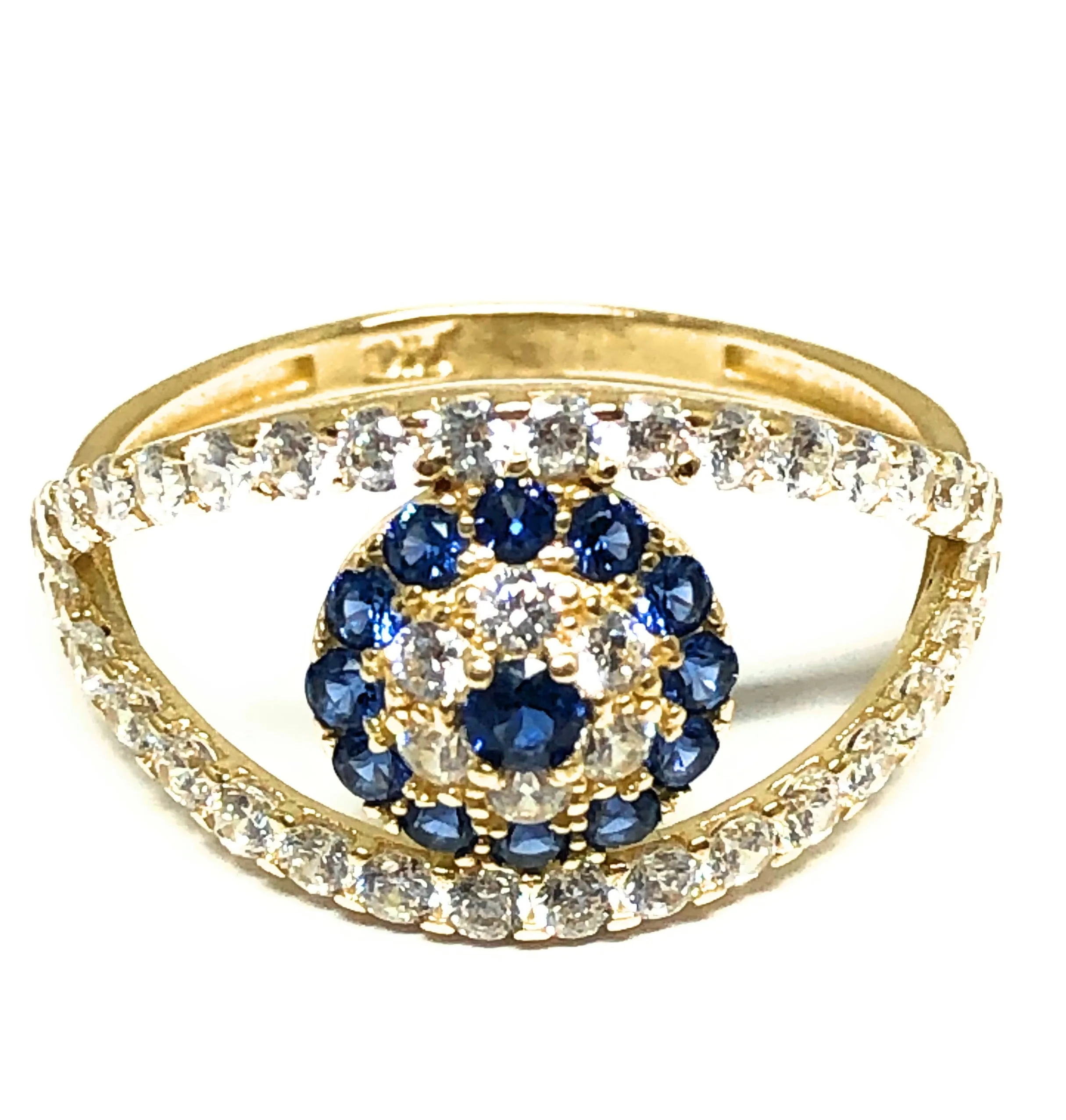 14k Solid Gold Evil Eye BLUE CZ Ring