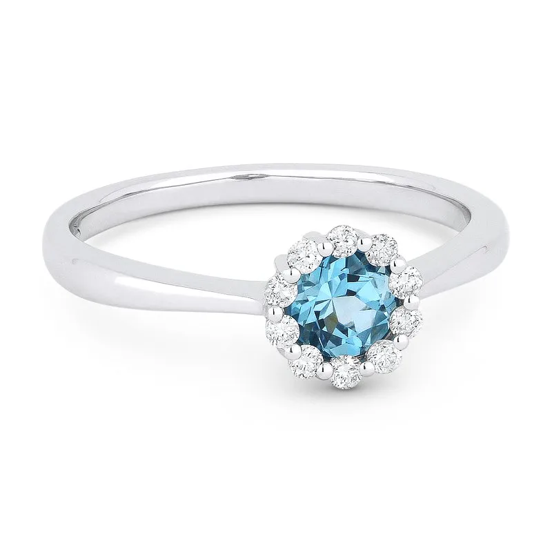 14K White Gold Round Blue Topaz & Diamond Halo Ring R1073BTW