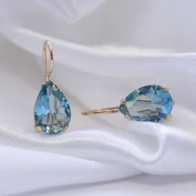 14K Yellow Gold Teardrop Blue Cubic Zirconia 7X10mm Dangle Earrings