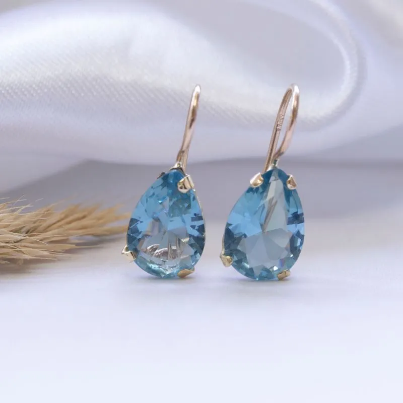 14K Yellow Gold Teardrop Blue Cubic Zirconia 7X10mm Dangle Earrings