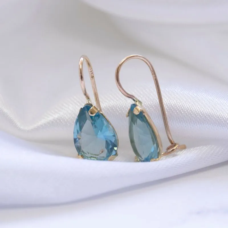 14K Yellow Gold Teardrop Blue Cubic Zirconia 7X10mm Dangle Earrings