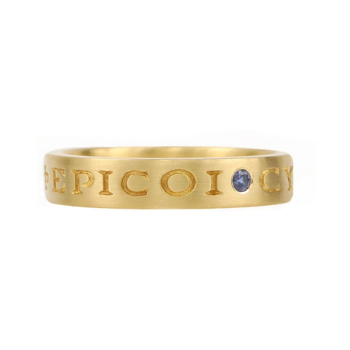 20K Gold Engraved Greek Ring with Blue Sapphire Details