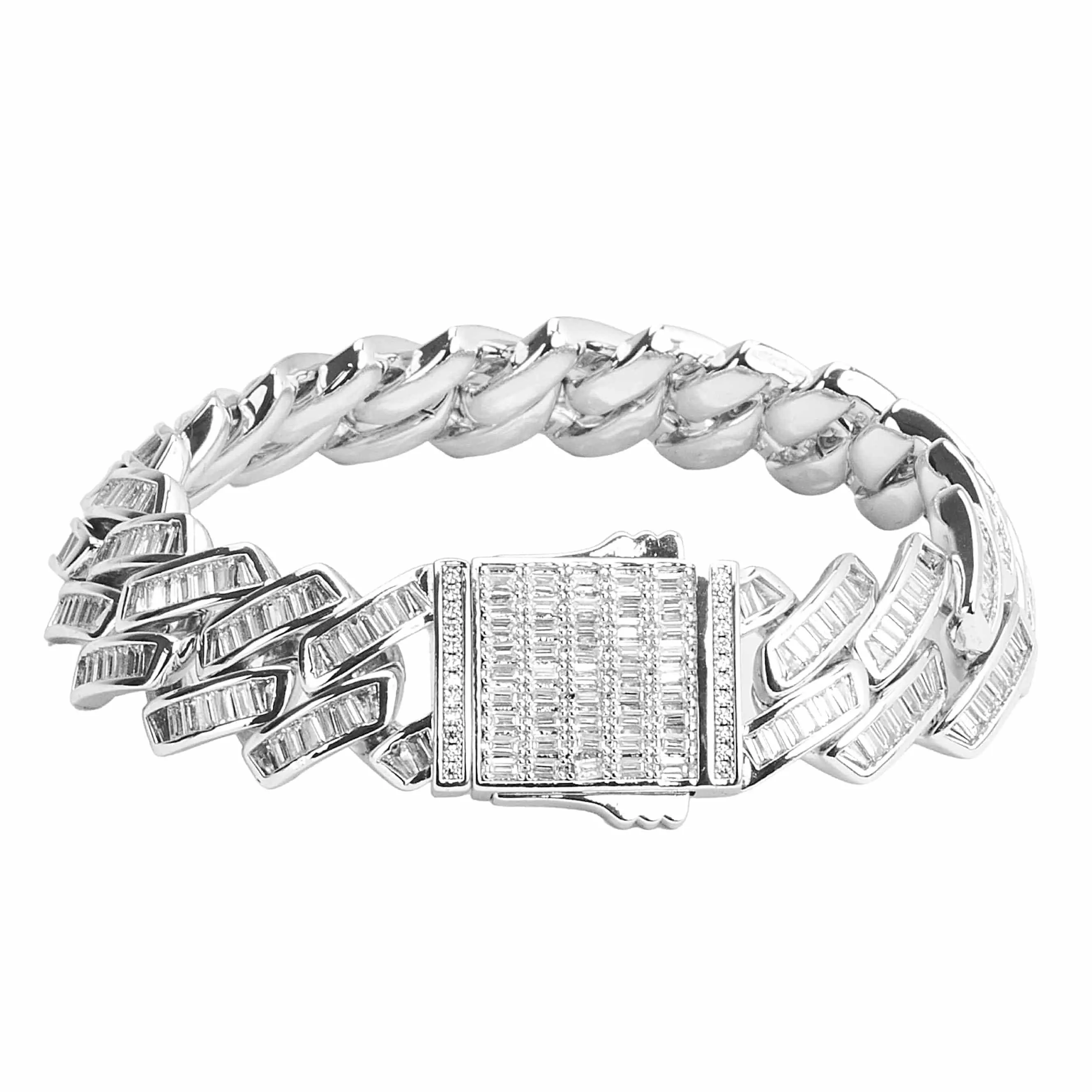 20mm Baguette Miami Link Bracelet - White Gold