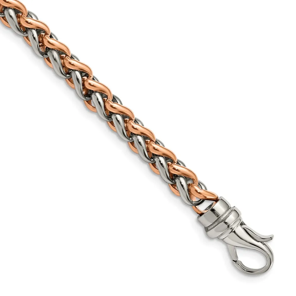 7mm Stainless Steel & Rose Plated Spiga Chain Bracelet, 8.5 Inch