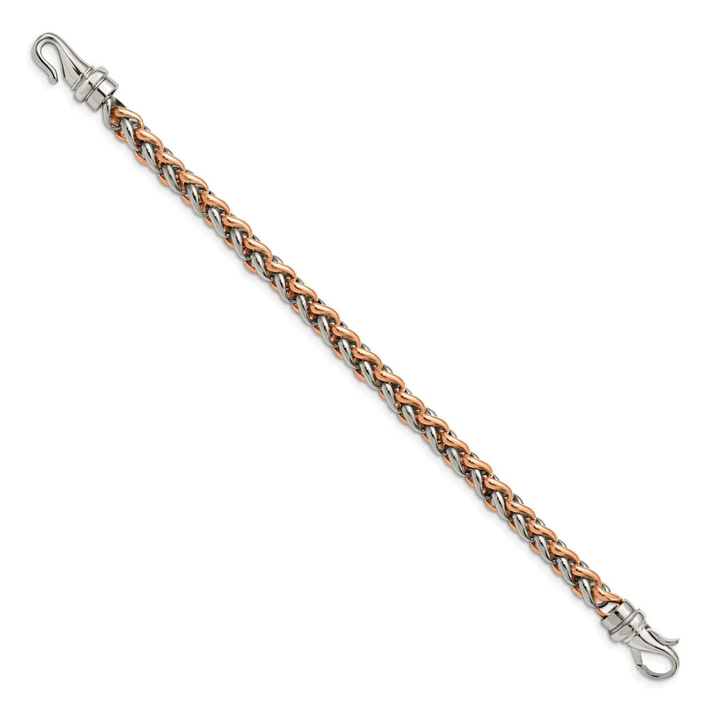 7mm Stainless Steel & Rose Plated Spiga Chain Bracelet, 8.5 Inch