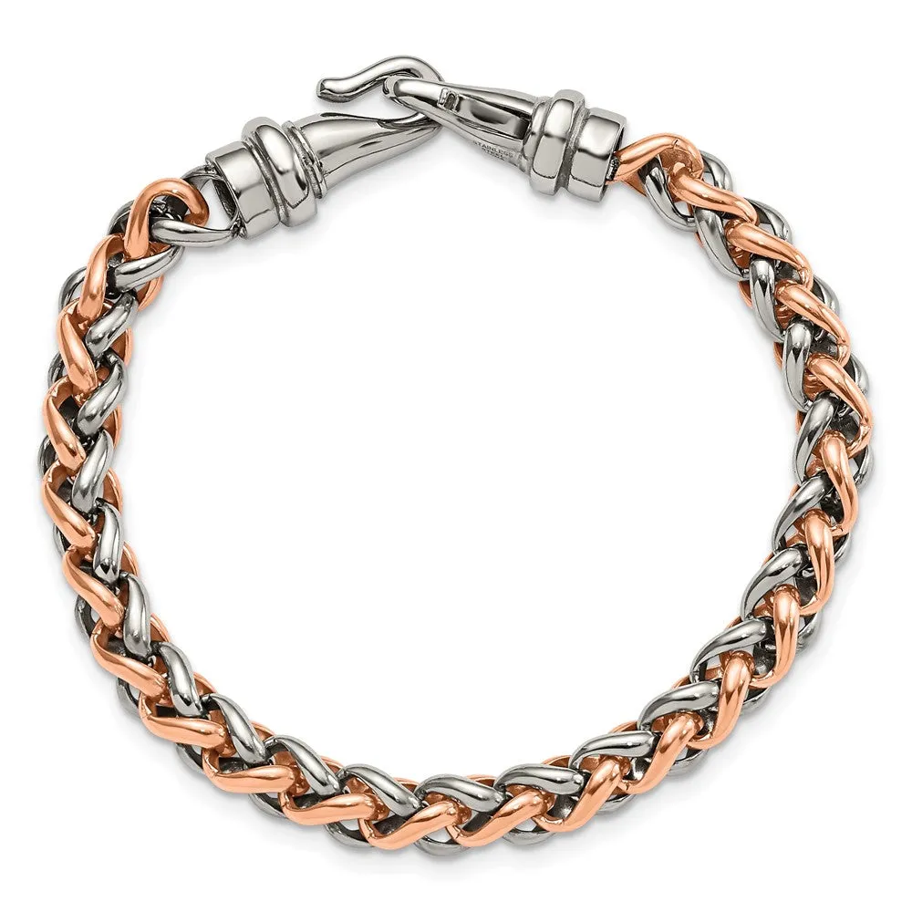 7mm Stainless Steel & Rose Plated Spiga Chain Bracelet, 8.5 Inch