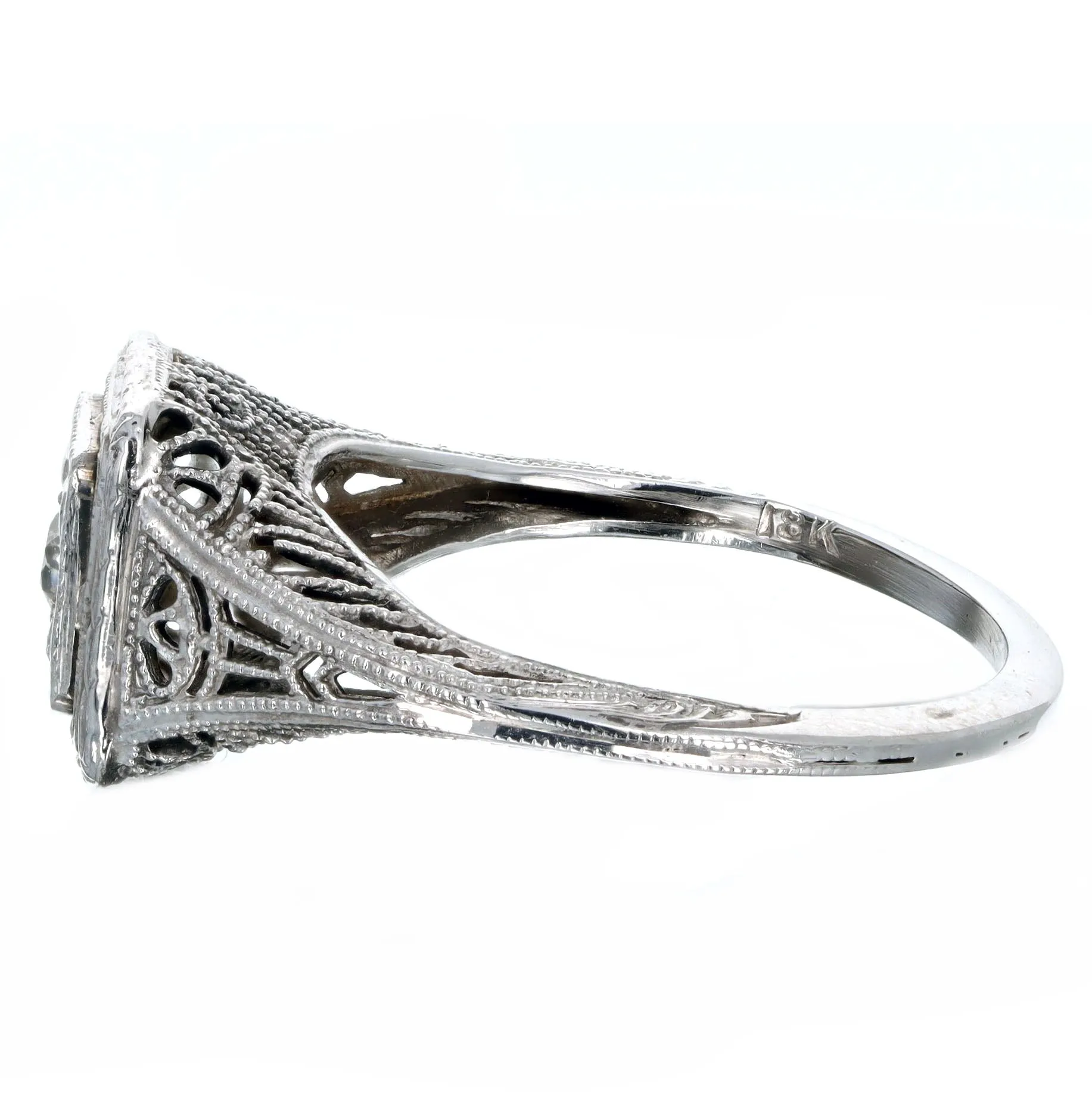 Art Deco 18K White Gold 0.10 Carat Old European Diamond Filigree Engagement Ring