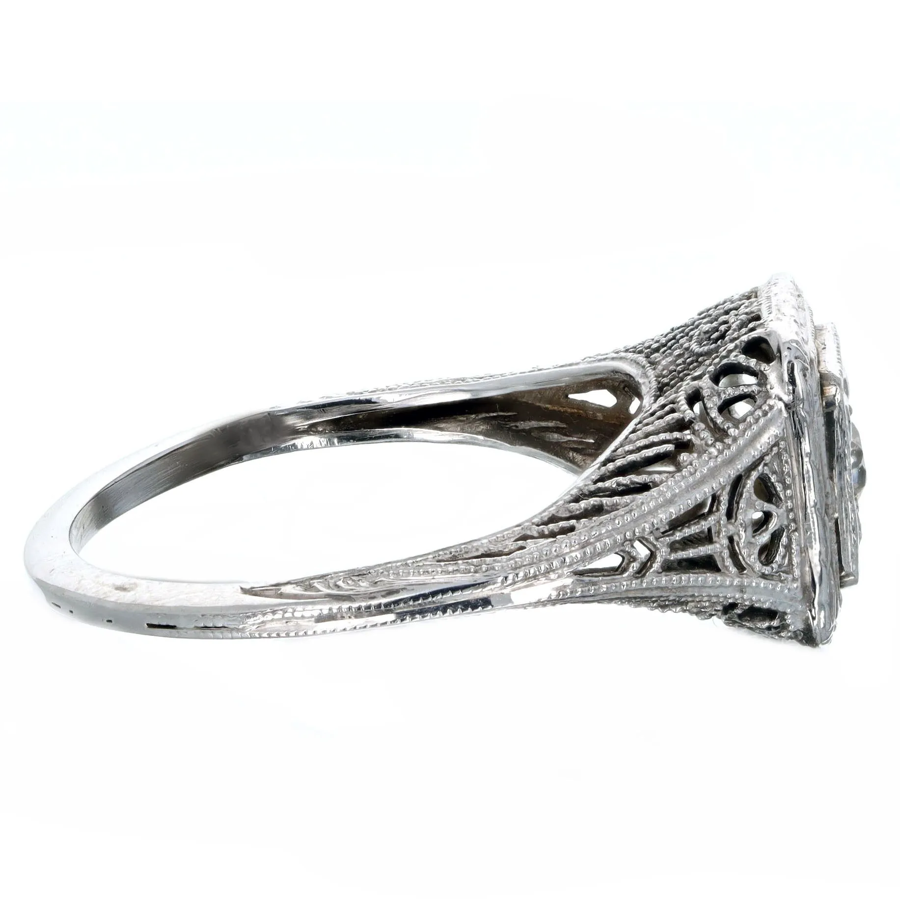 Art Deco 18K White Gold 0.10 Carat Old European Diamond Filigree Engagement Ring