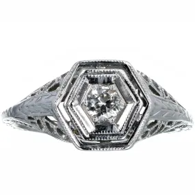 Art Deco 18K White Gold 0.15 Carat Old European Diamond Filigree Engagement Ring