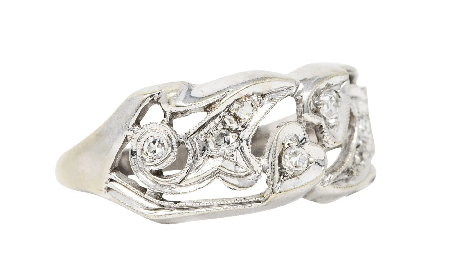 Art Deco Diamond 14 Karat White Gold Ivy Band Ring