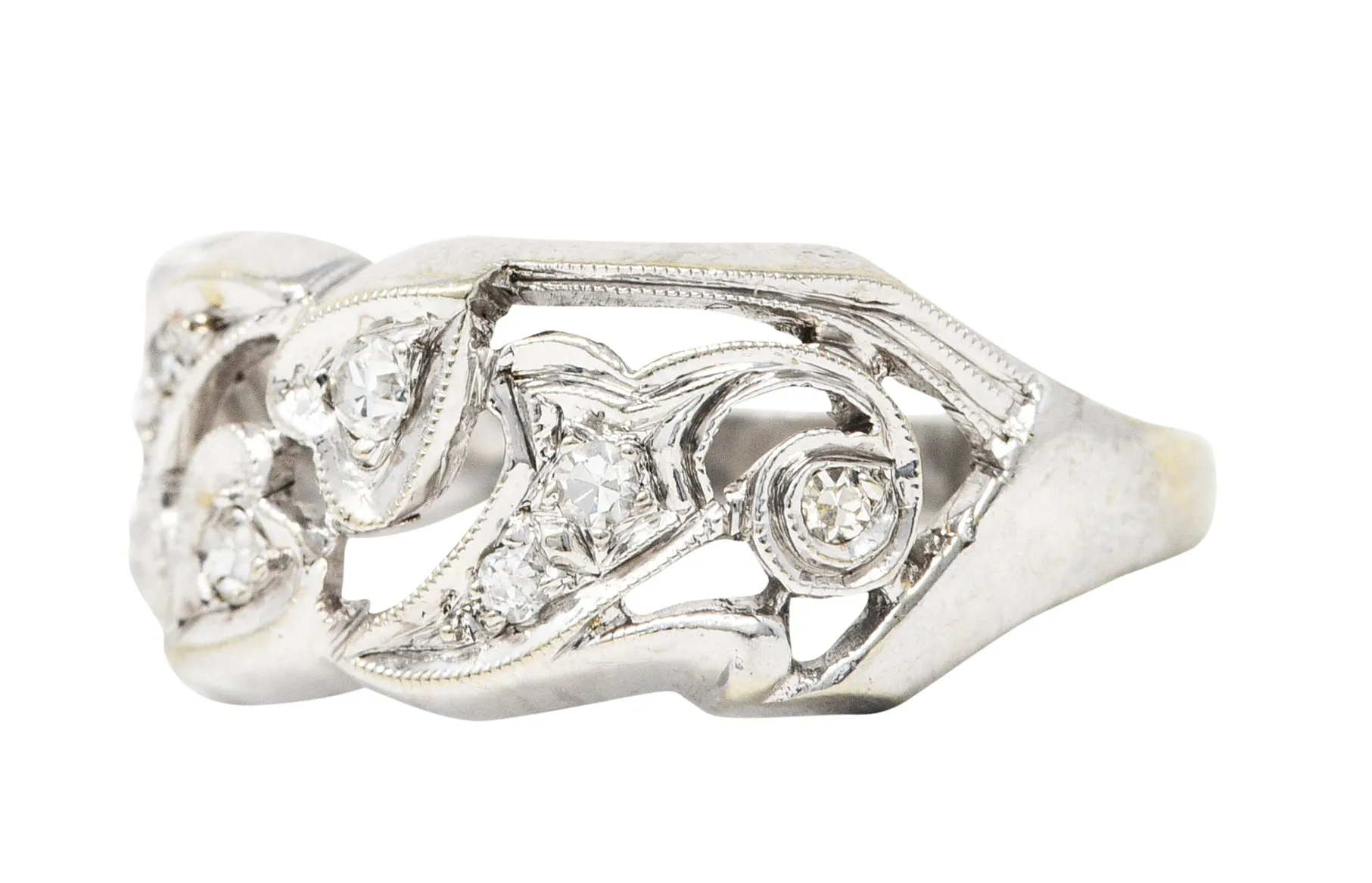 Art Deco Diamond 14 Karat White Gold Ivy Band Ring