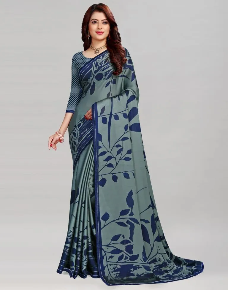 Blueish Grey Printed Saree