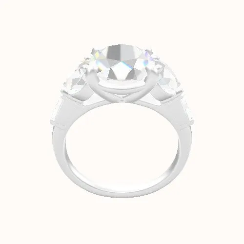 Cathedral Band with Round & Straight Baguette Sidestones Engagement Ring With Low Set Four Prong Head