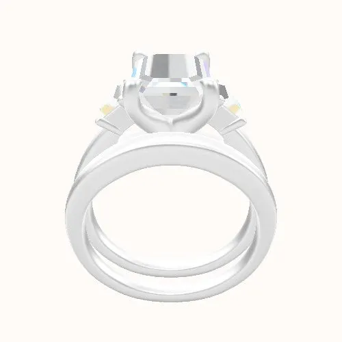 Cathedral Band with Trapezoid Sidestones Engagement Ring With Four Prong Head and Matching Band