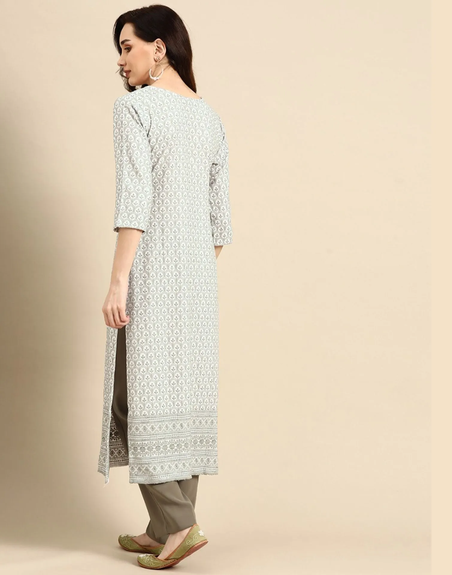 Grey Embroidered Rayon Kurta