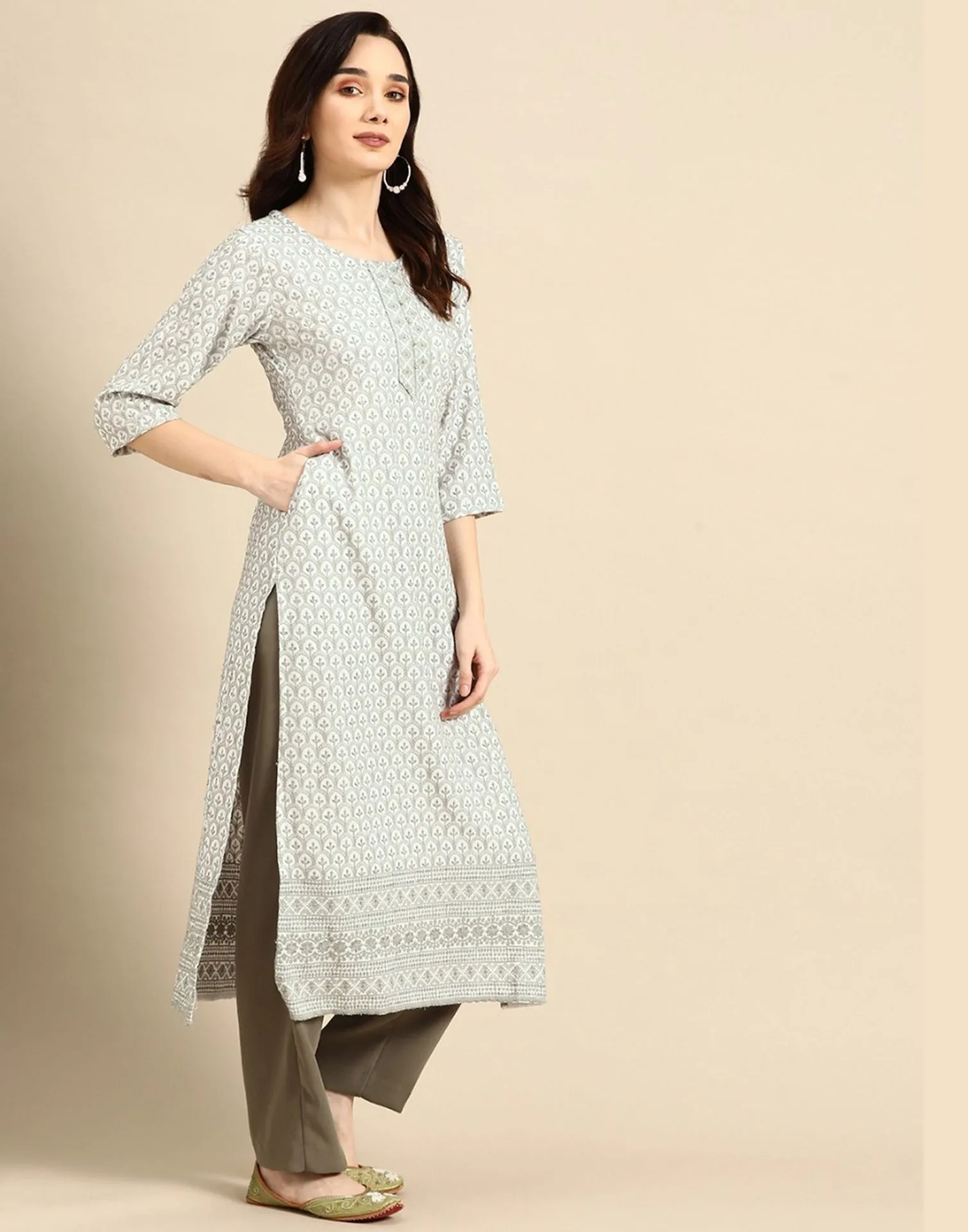 Grey Embroidered Rayon Kurta