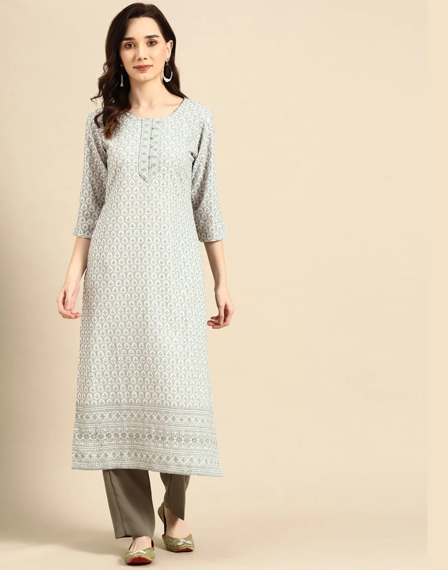 Grey Embroidered Rayon Kurta