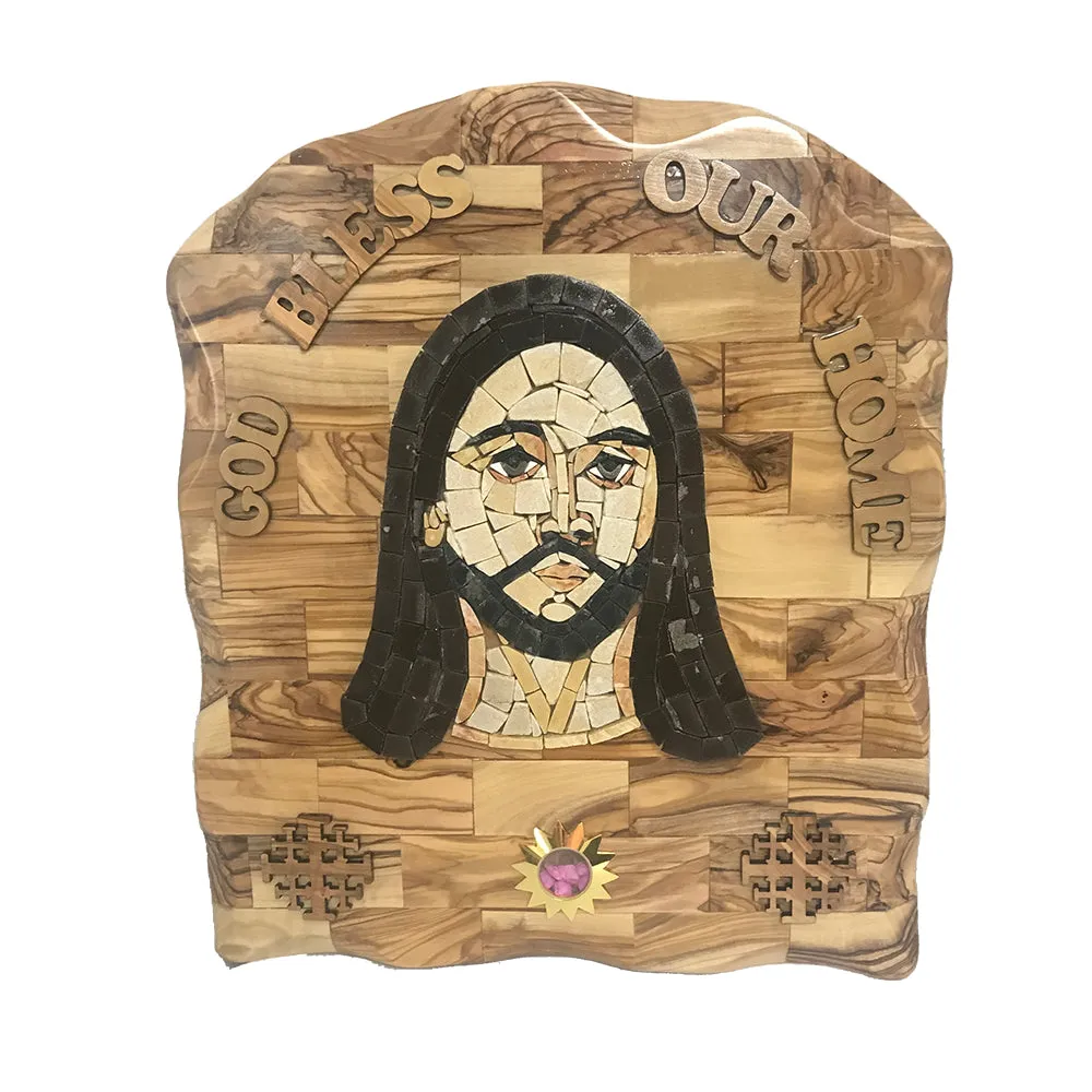 Jesus Stone Mosaic on Olive Wood Plaque, 13.5