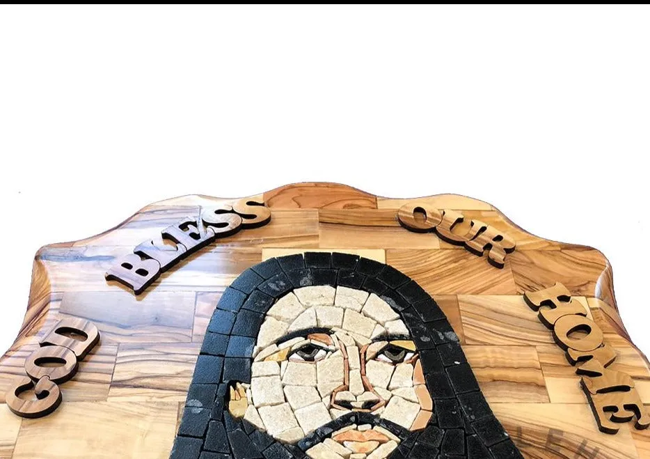 Jesus Stone Mosaic on Olive Wood Plaque, 13.5