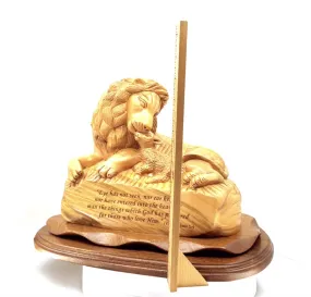 Lion with Lamb and Scripture of Corinthians, 13.8 Masterpiece Wooden Christian Carving