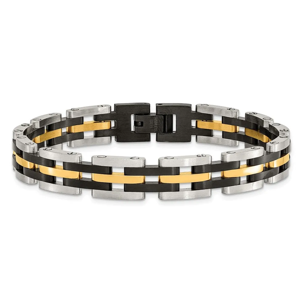 Men's 10mm Tri-Color Stainless Steel Link Bracelet, 8.25 Inch