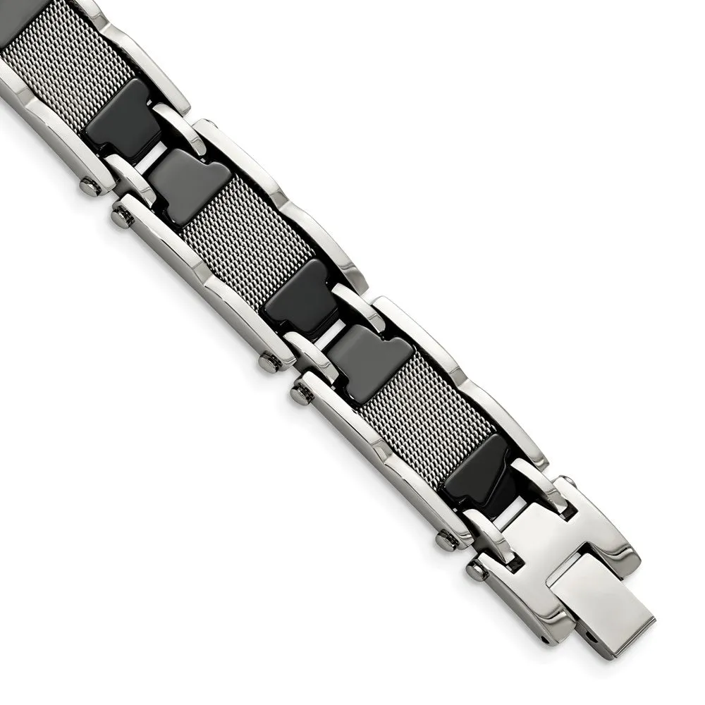 Mens 13mm Stainless Steel Black Ceramic & Mesh Link Bracelet, 8.25 In