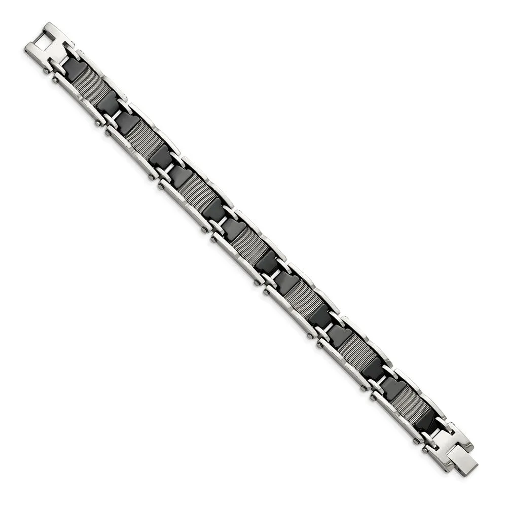 Mens 13mm Stainless Steel Black Ceramic & Mesh Link Bracelet, 8.25 In