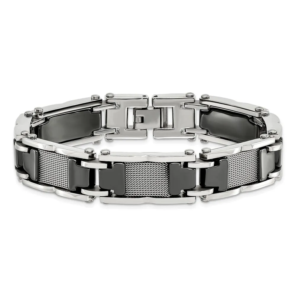 Mens 13mm Stainless Steel Black Ceramic & Mesh Link Bracelet, 8.25 In