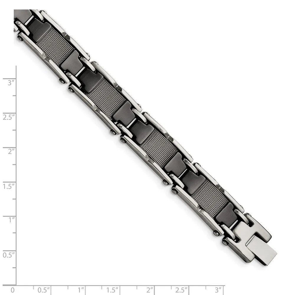 Mens 13mm Stainless Steel Black Ceramic & Mesh Link Bracelet, 8.25 In