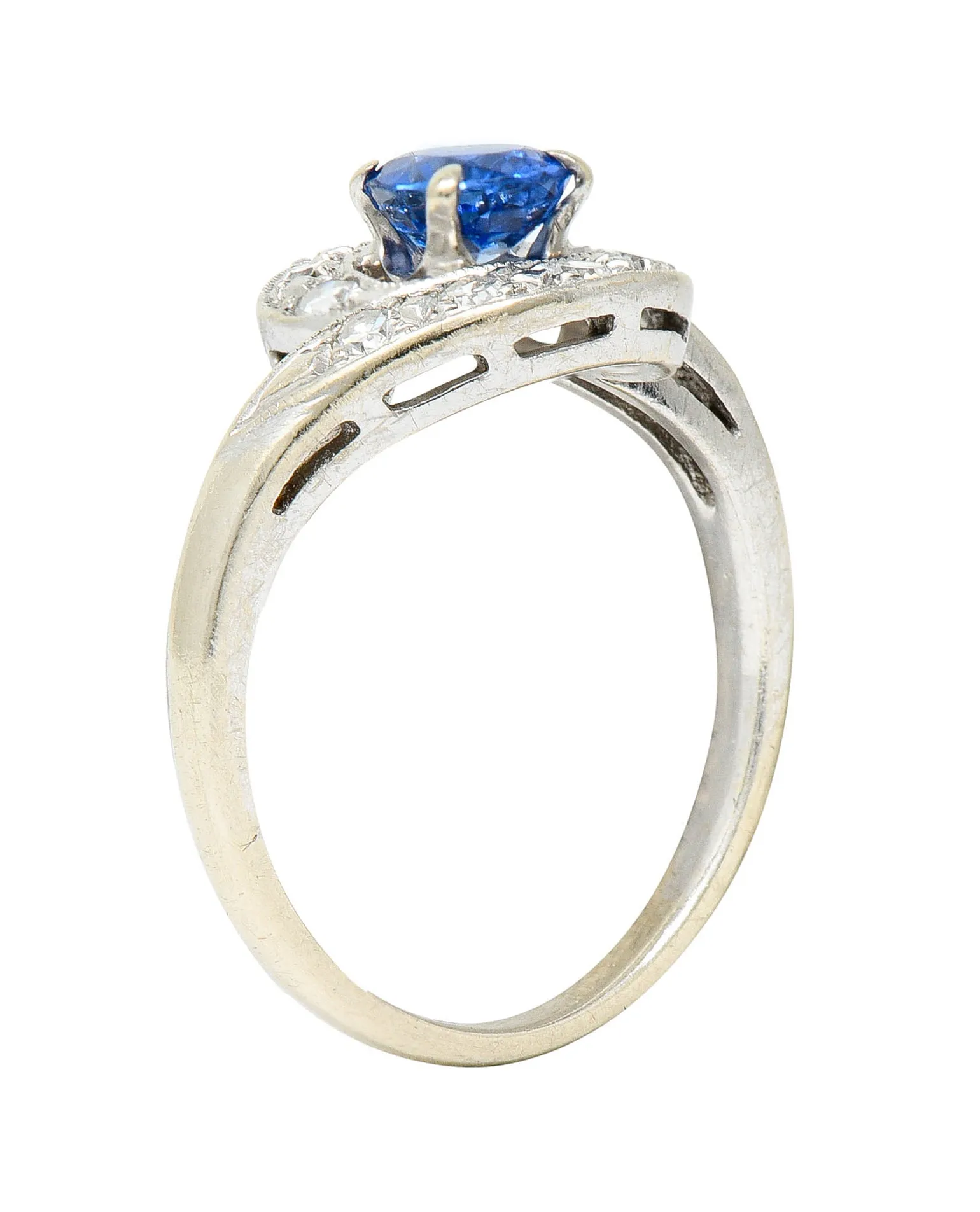 Mid-Century 0.75 CTW Sapphire Diamond 14 Karat White Gold Bypass Ring