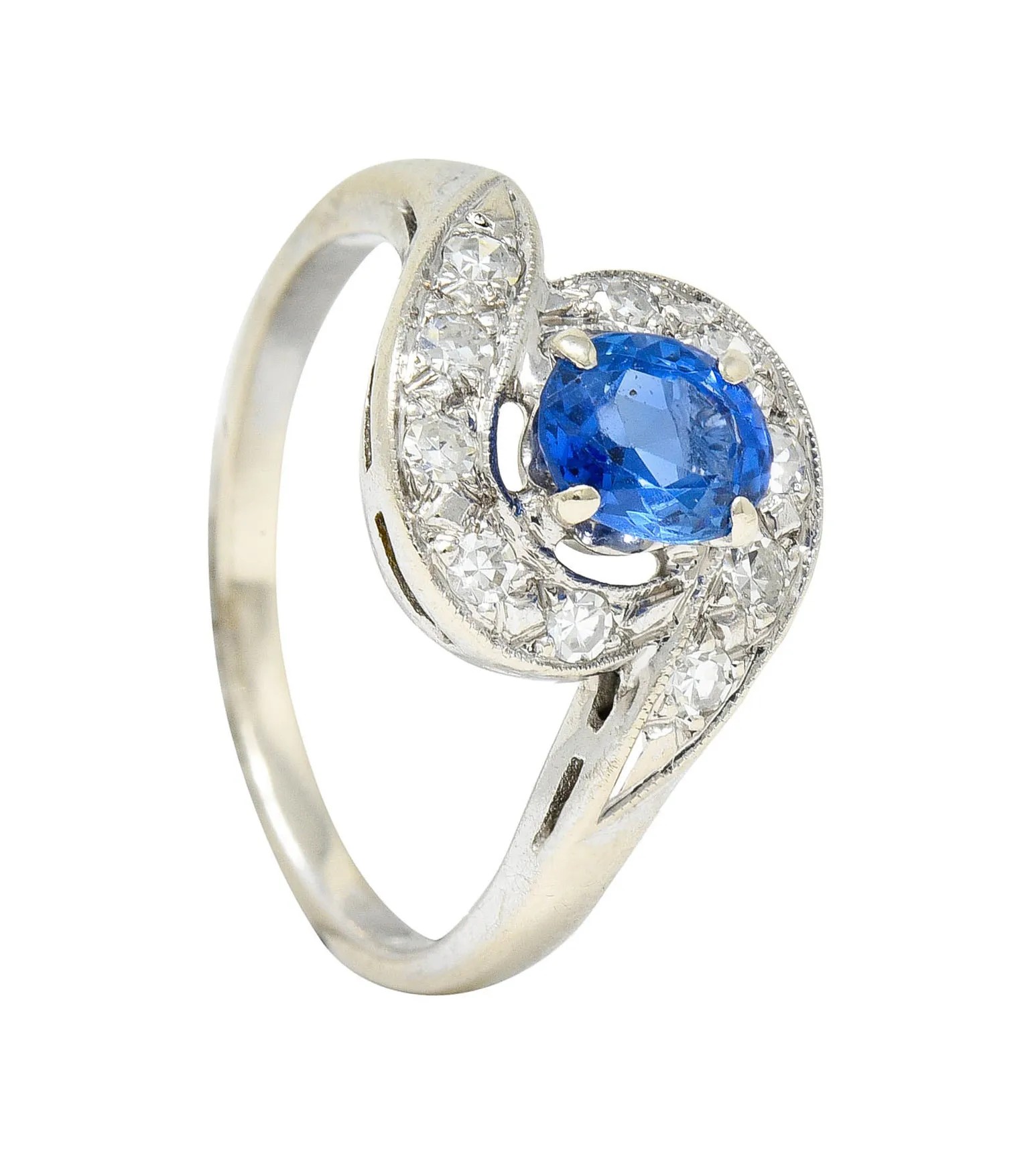 Mid-Century 0.75 CTW Sapphire Diamond 14 Karat White Gold Bypass Ring