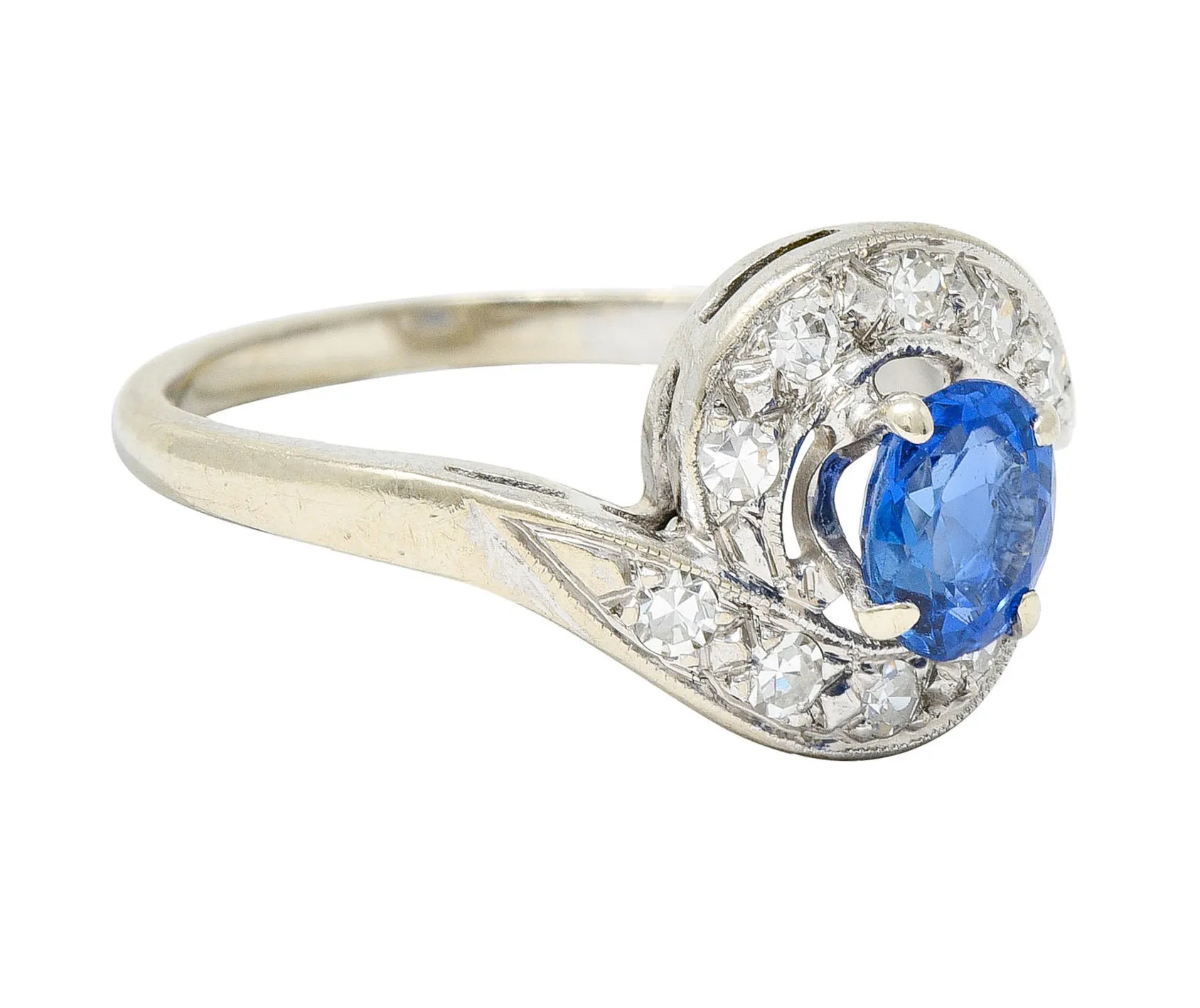 Mid-Century 0.75 CTW Sapphire Diamond 14 Karat White Gold Bypass Ring