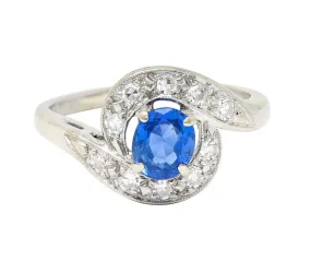 Mid-Century 0.75 CTW Sapphire Diamond 14 Karat White Gold Bypass Ring