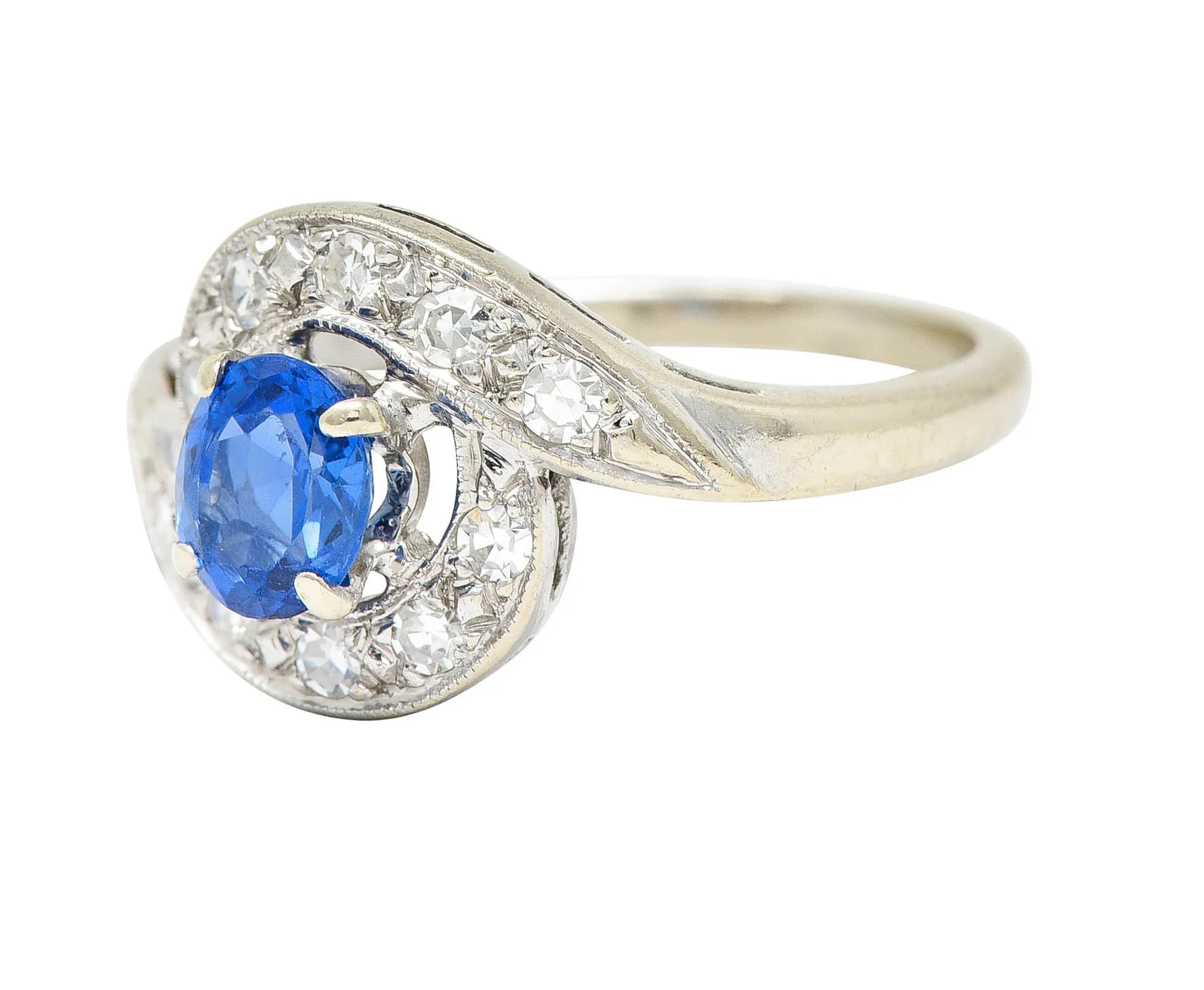 Mid-Century 0.75 CTW Sapphire Diamond 14 Karat White Gold Bypass Ring