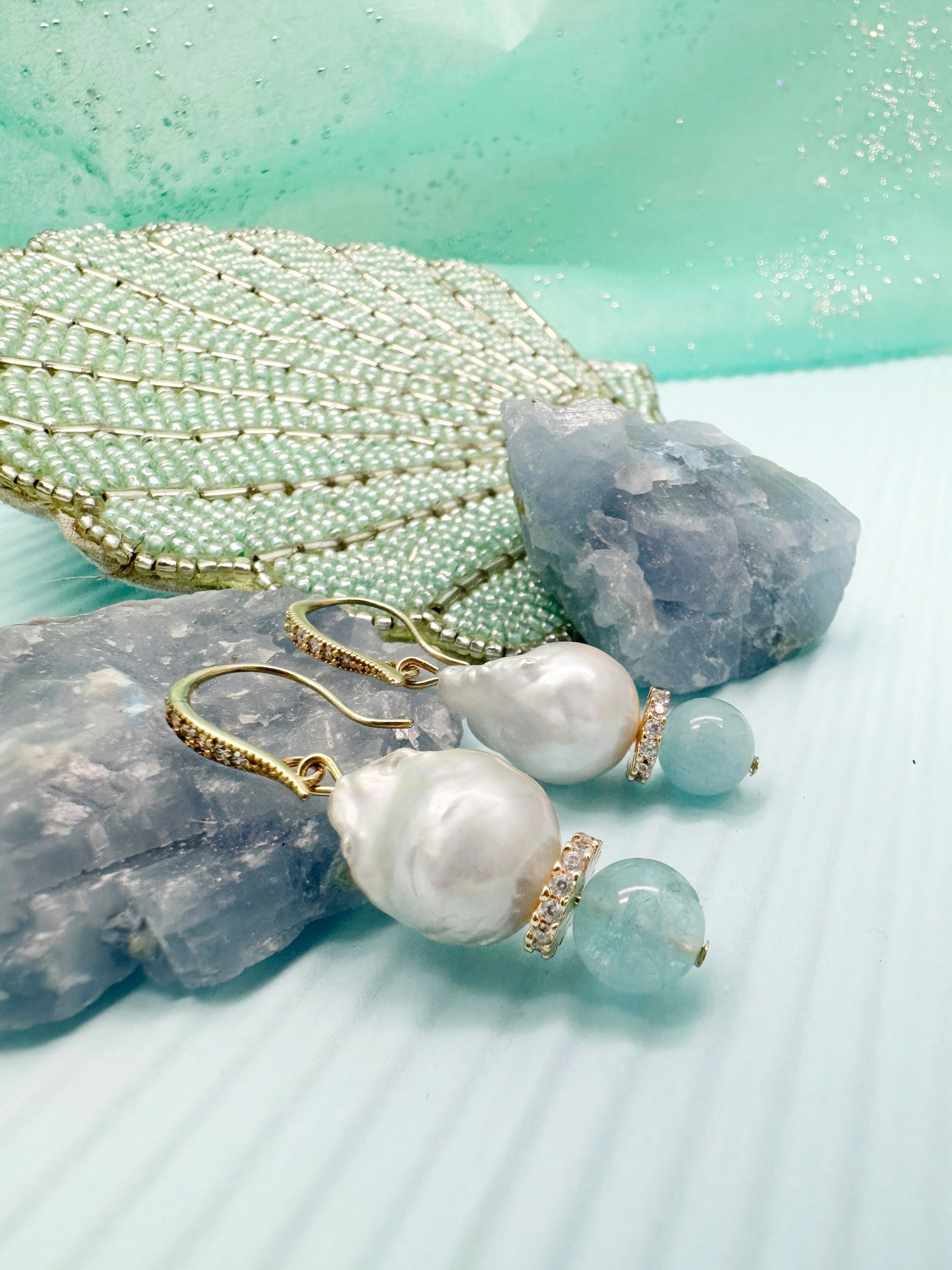 Natural Baroque Pearls with Blue Aquamarine Earrings LE019