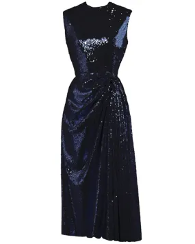 Navy Blue Sequin Nymph Drape Midi Dress