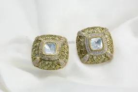 Next To Real Large Moissanite Polki & Jadau Stone Studs - Olive