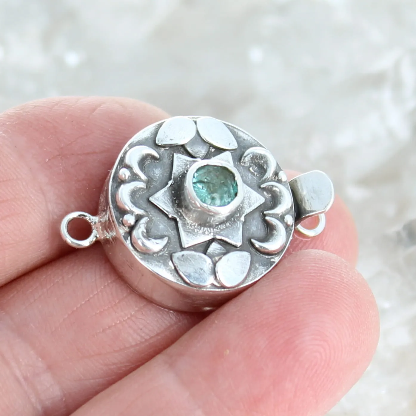 Paraiba Blue Apatite Faceted Sterling Clasp Moon Lotus Flower Design