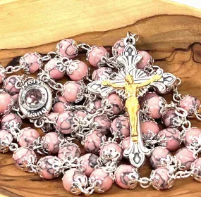 Rosary, Pink Beads, 22.4, Metal Chain, Bethlehem Handmade