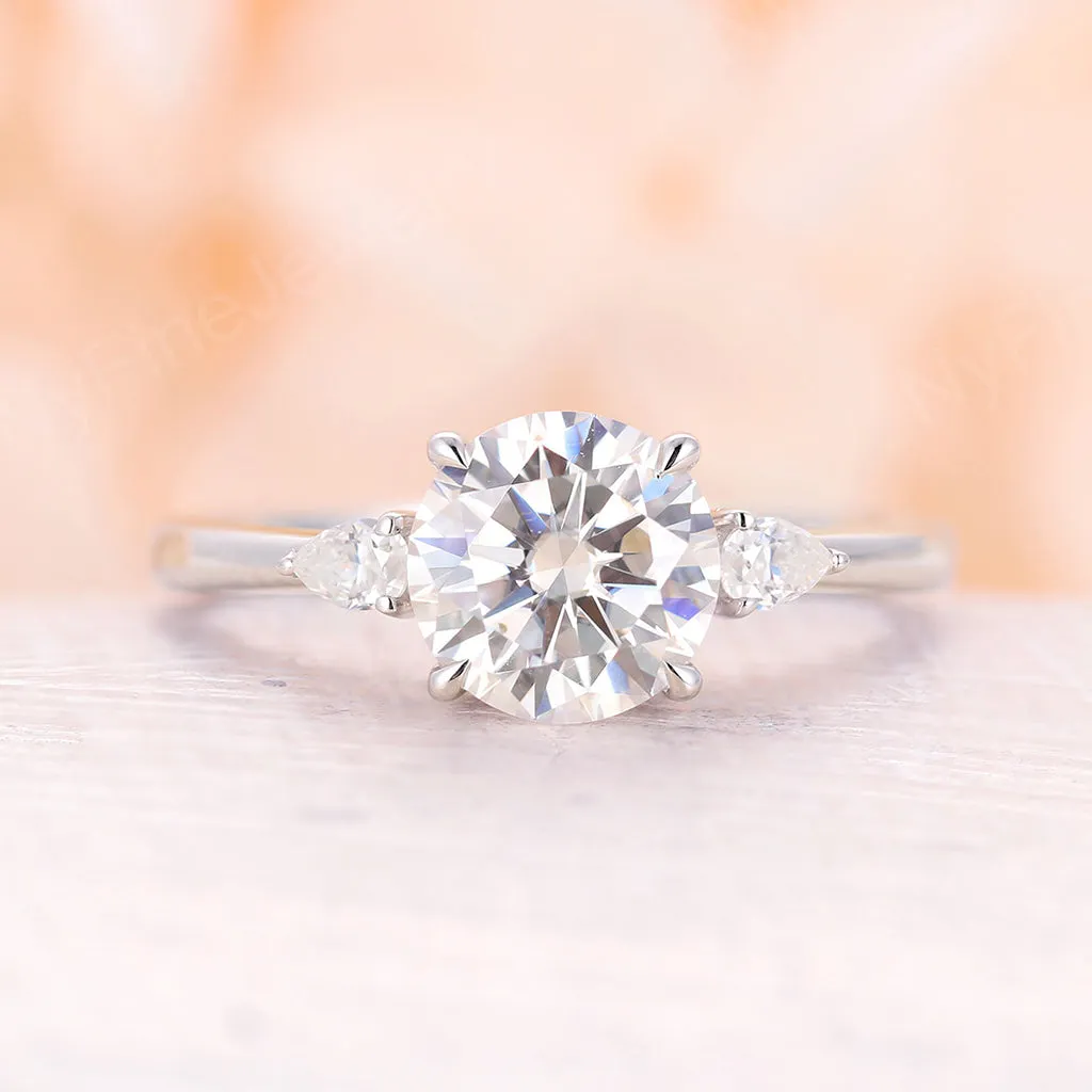 Round Moissanite Three Stone Engagement Ring White Gold