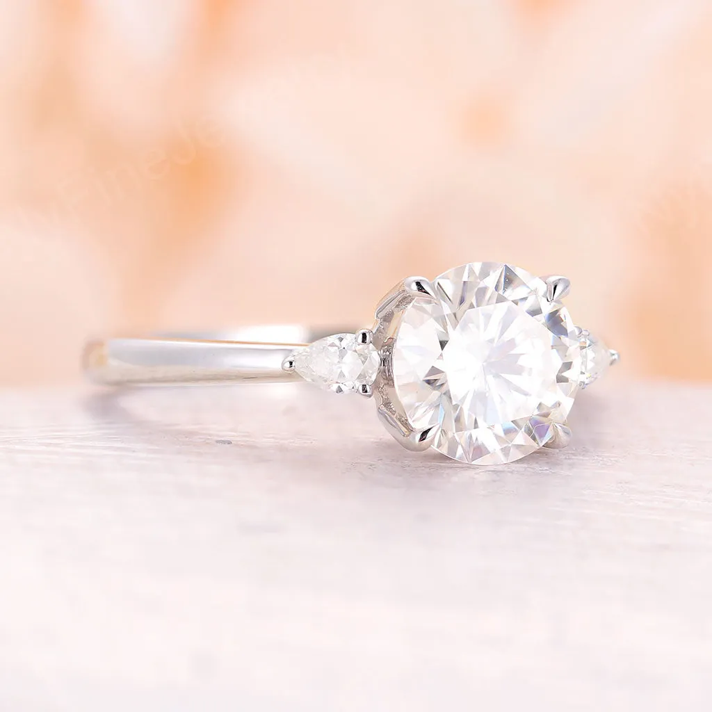 Round Moissanite Three Stone Engagement Ring White Gold